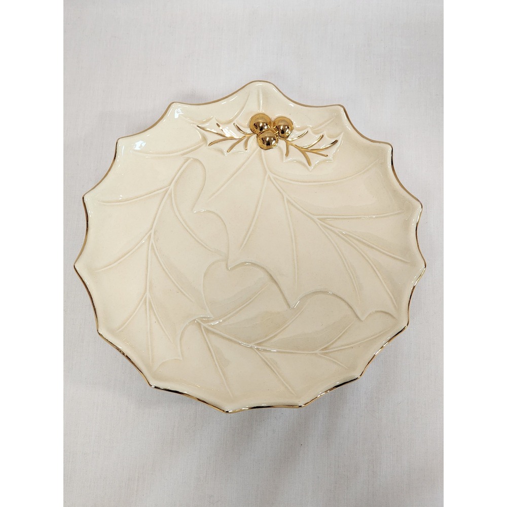Vintage 1978 Holland Mold Ceramic Holly Leaf Pedestal Candy Dish Gold Trim 8.5in